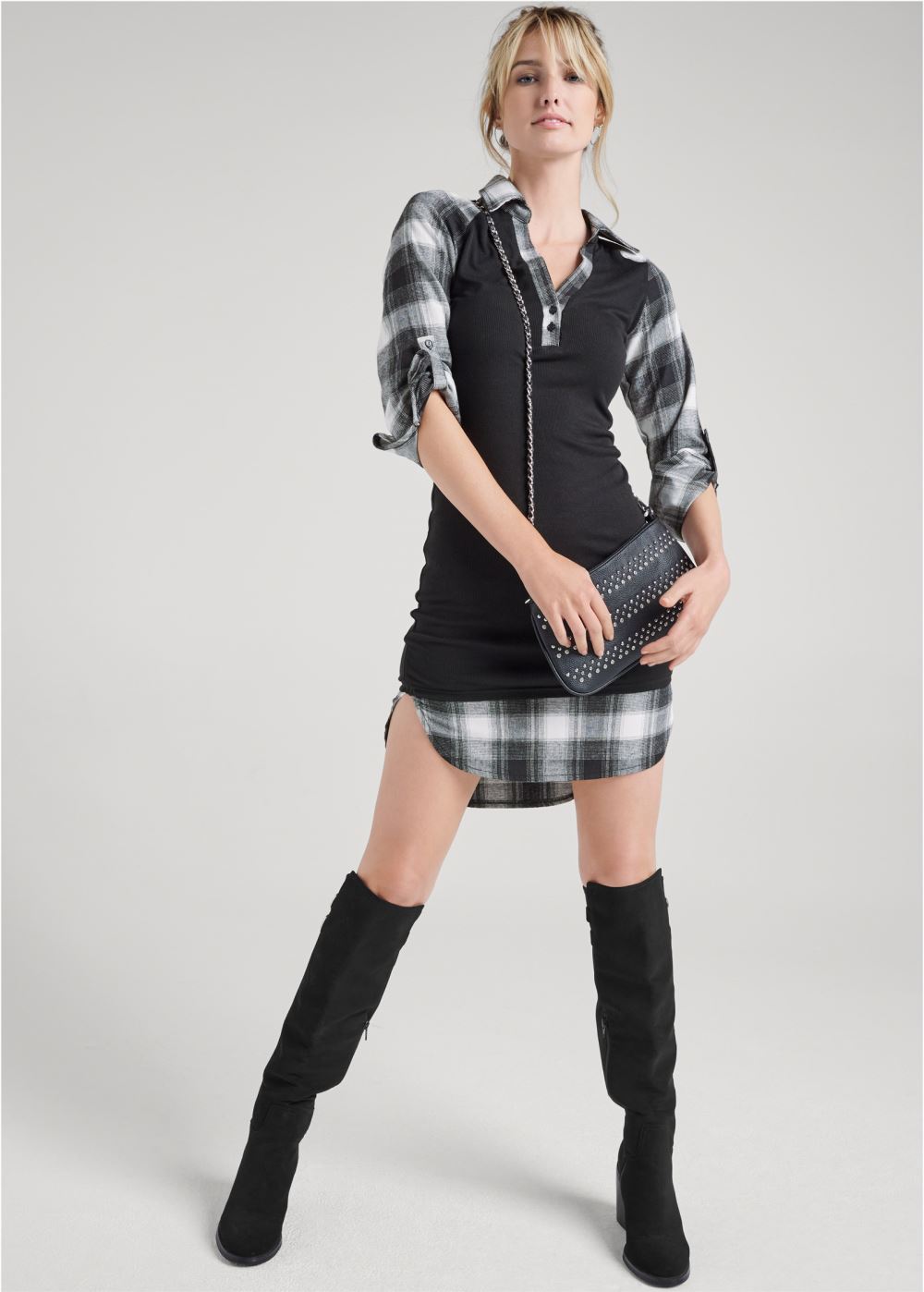 Venus Plaid Detail Henley Dress - Black & White