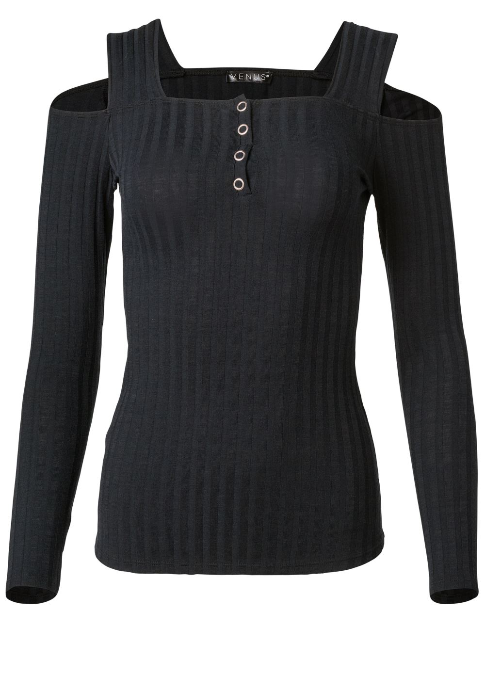 Venus Cold-Shoulder Ribbed Top in Black