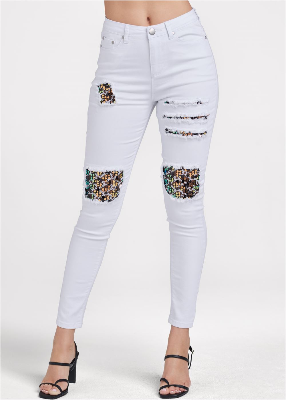 Venus Sequin Patch Skinny Jeans in White Denim