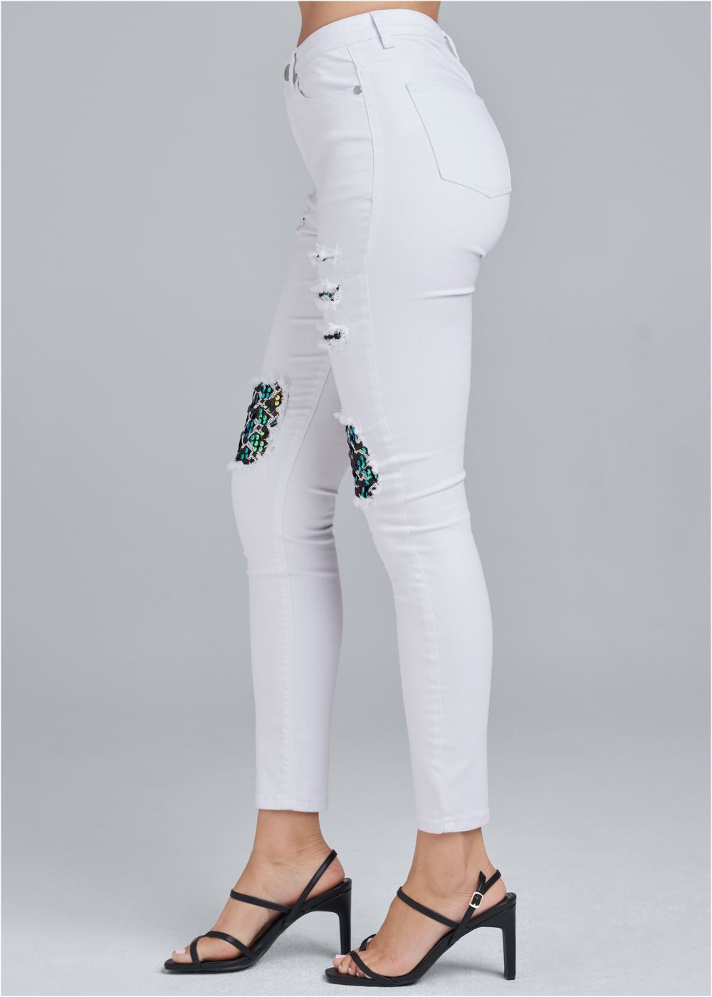 Venus Sequin Patch Skinny Jeans in White Denim