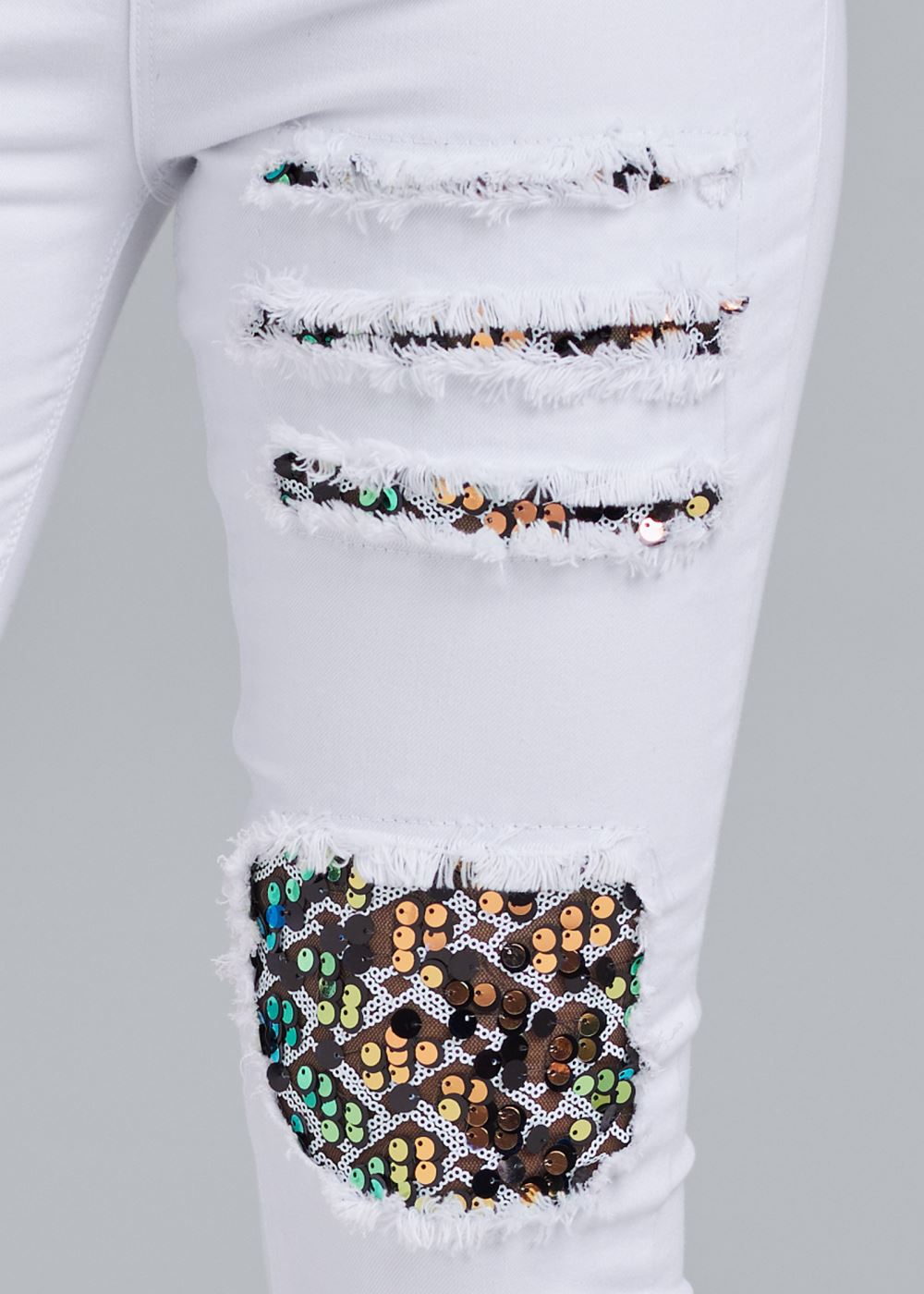 Venus Sequin Patch Skinny Jeans in White Denim