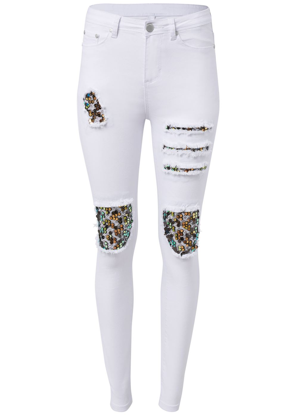 Venus Sequin Patch Skinny Jeans in White Denim