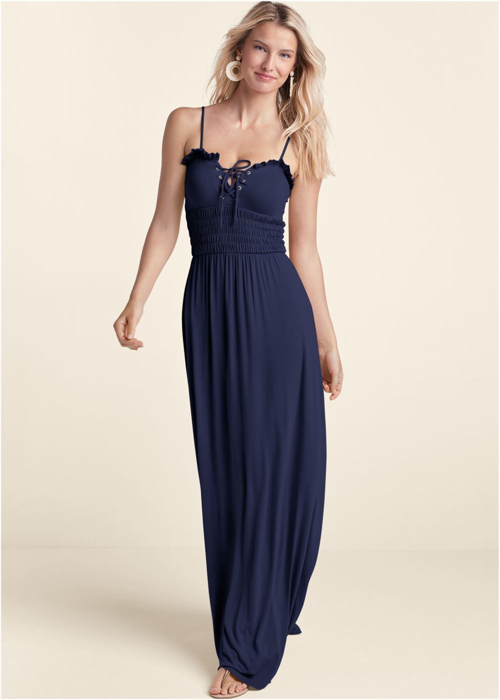 Venus Smocked Lace-Up Dress - Navy