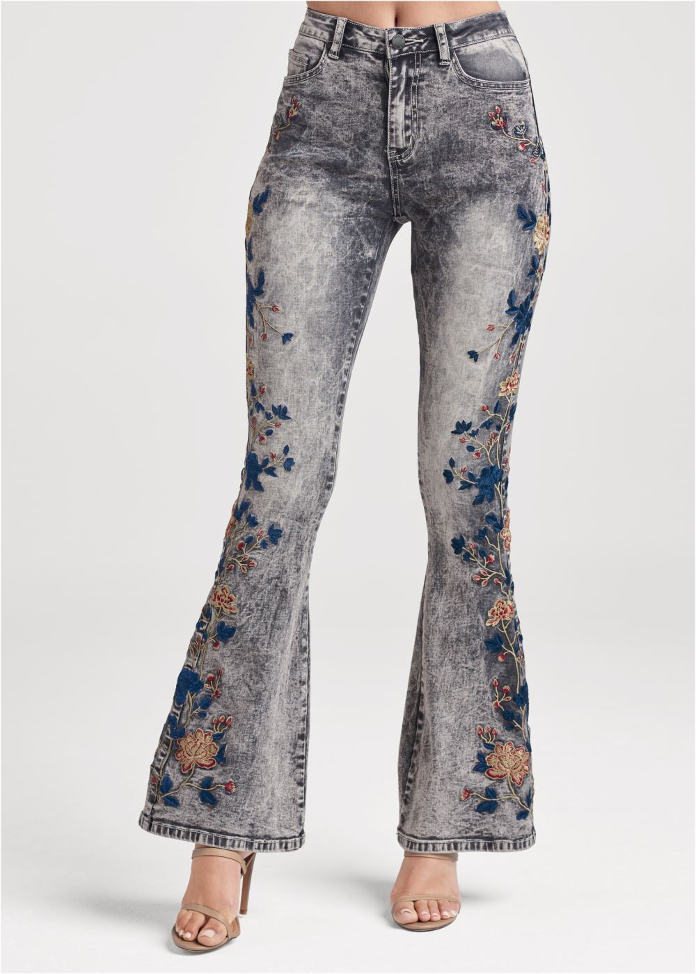 Venus Floral Embroidered Jeans in Black Acid Wash