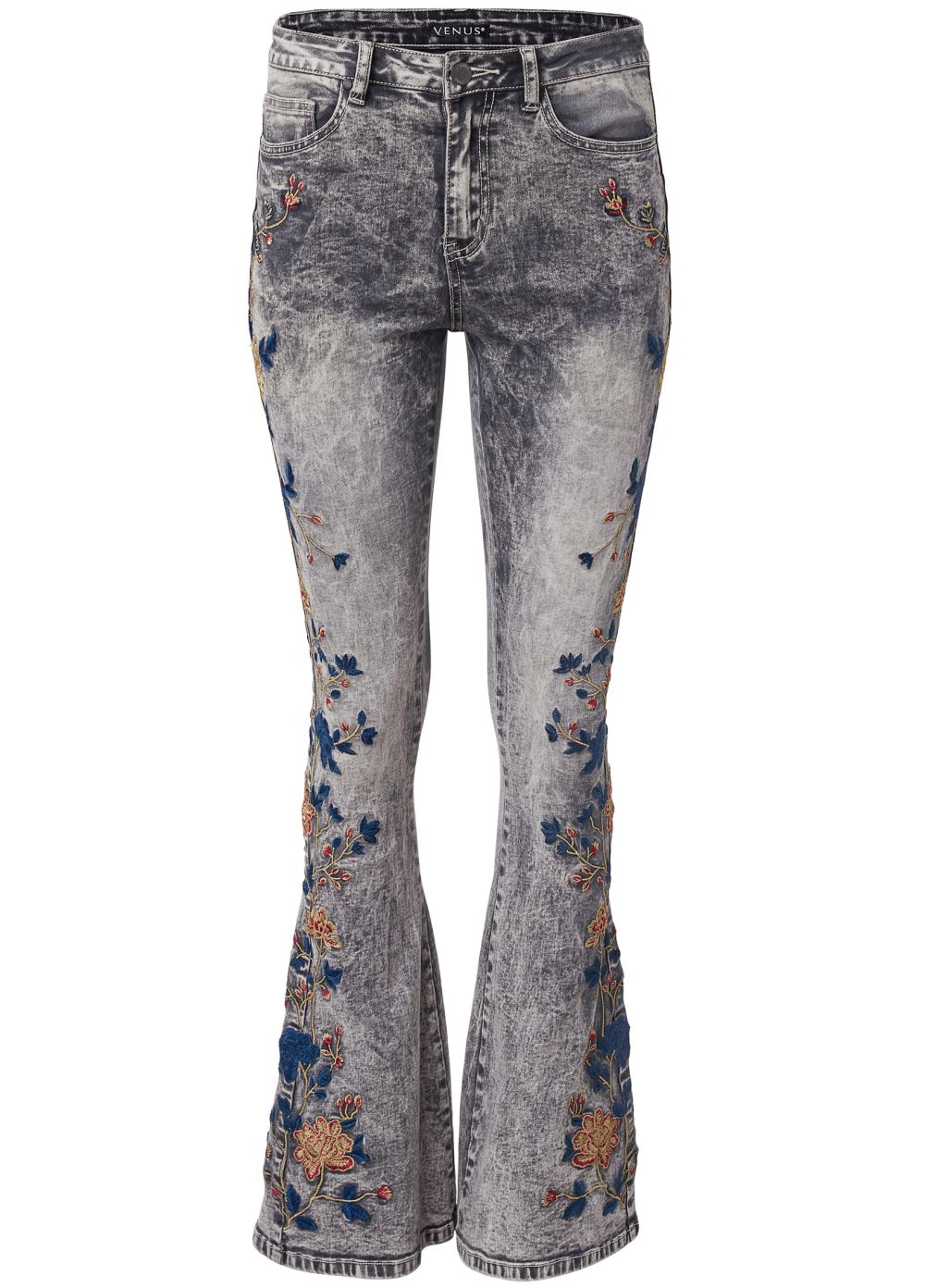 Venus Floral Embroidered Jeans in Black Acid Wash