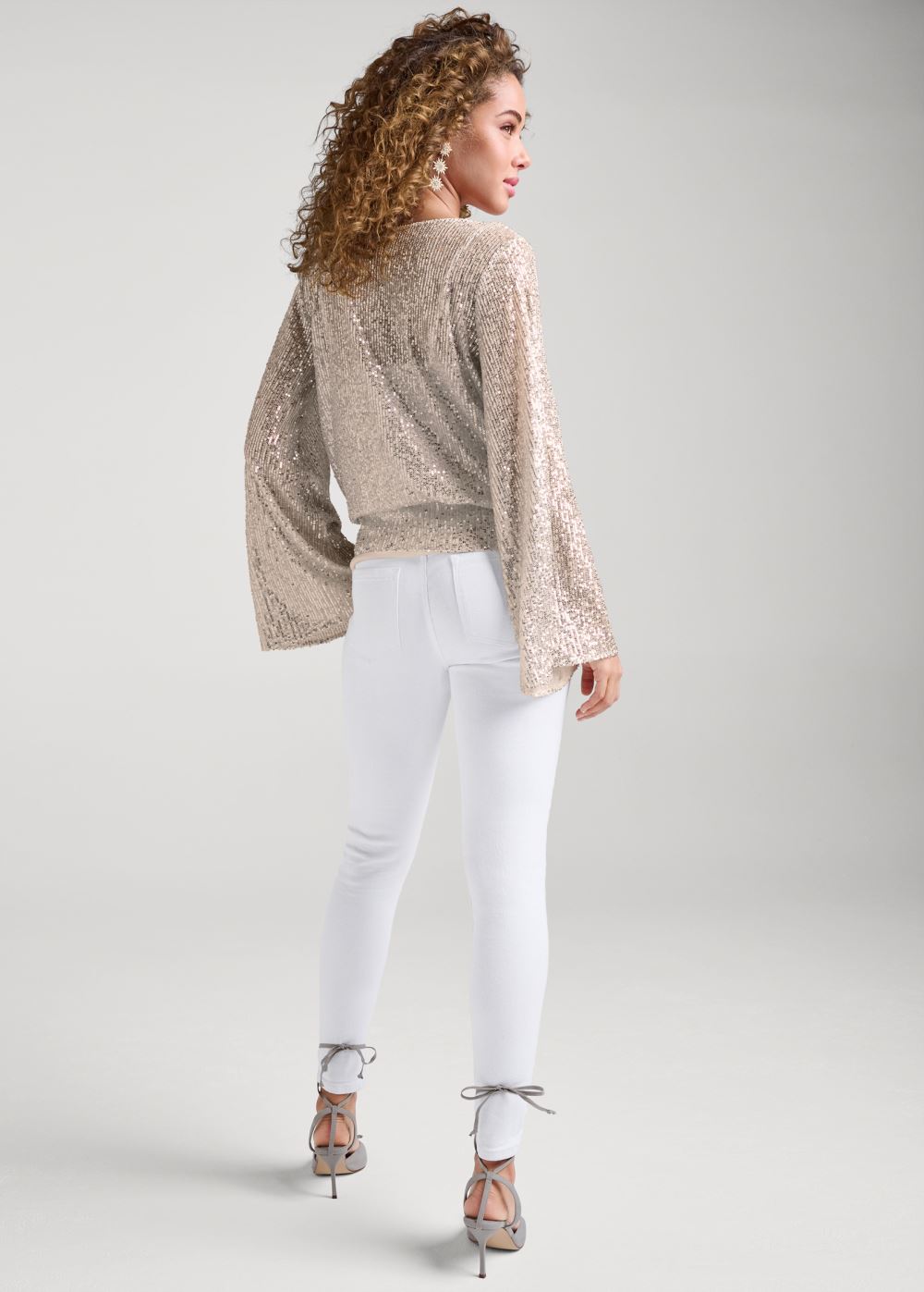Venus Allover Sequin Surplice Top in Champagne
