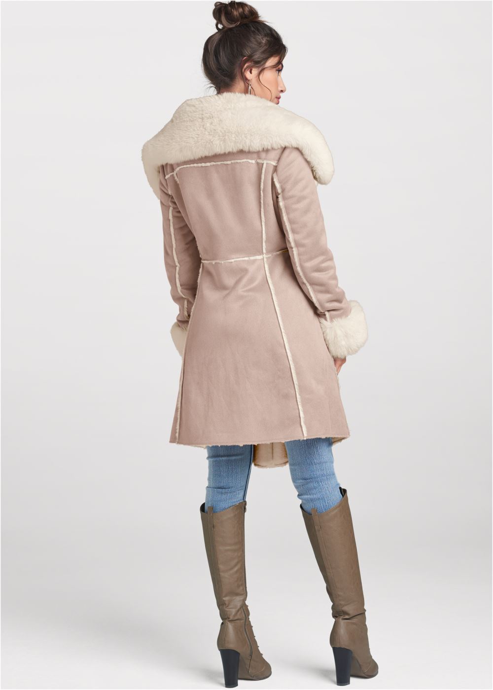 Venus Faux-Suede-And-Fur Coat in Taupe & Off White