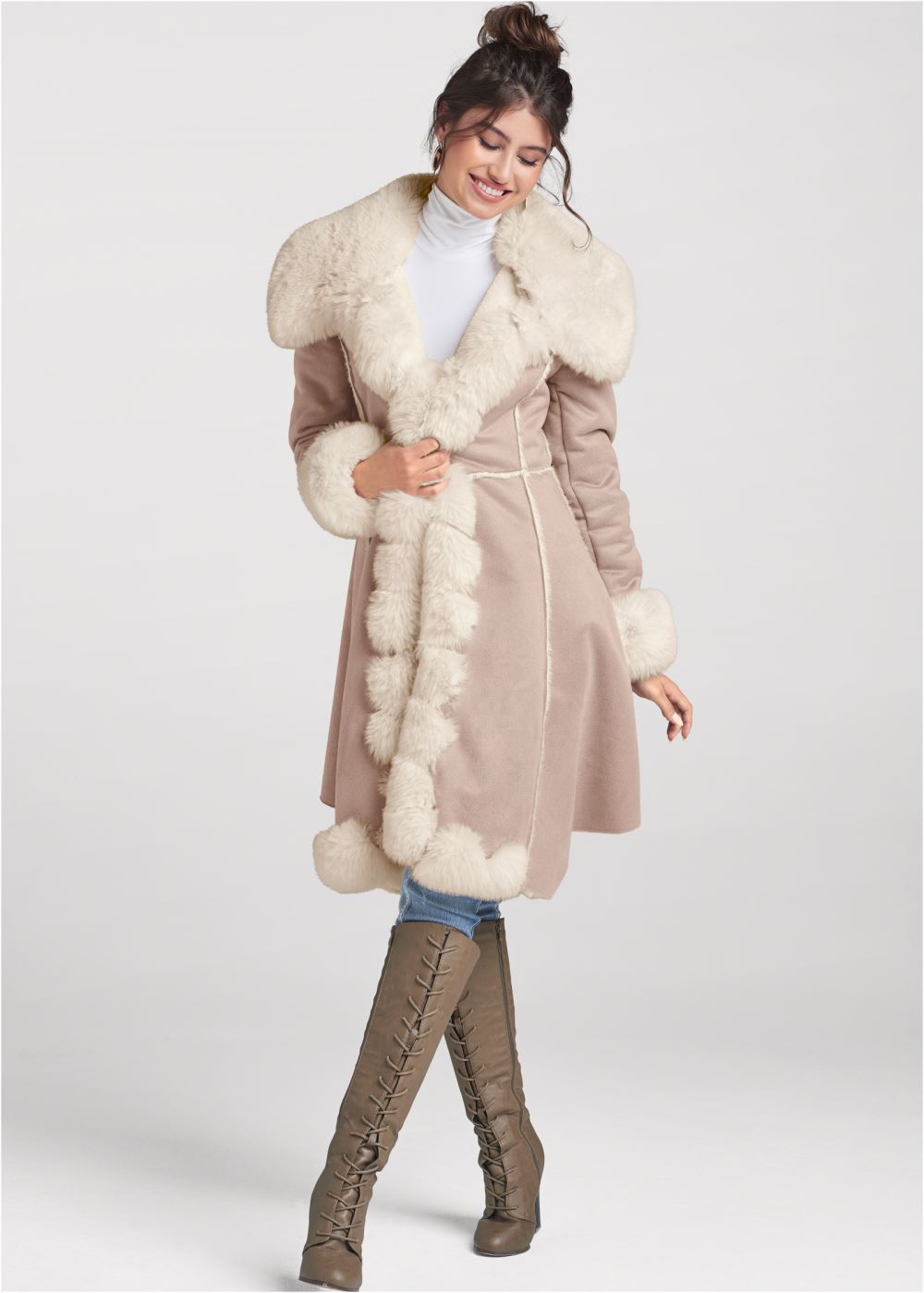 Venus Faux-Suede-And-Fur Coat in Taupe & Off White