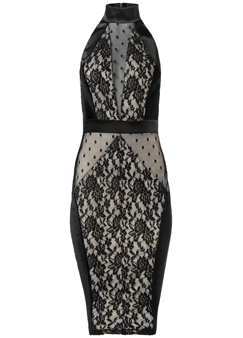 Venus Mock-Neck Lace Dress - Black & Nude