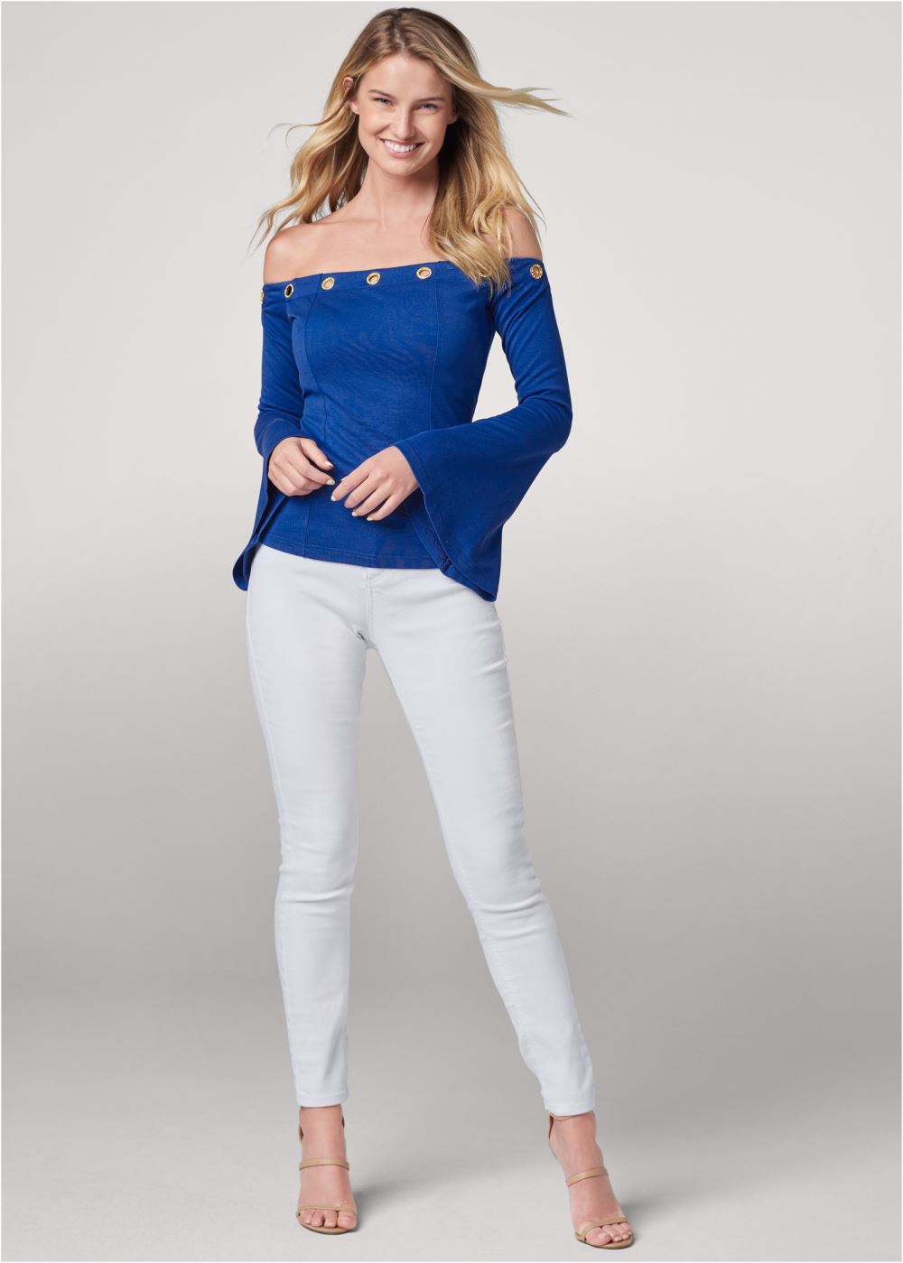 Venus Off-The-Shoulder Grommet Top in Blue
