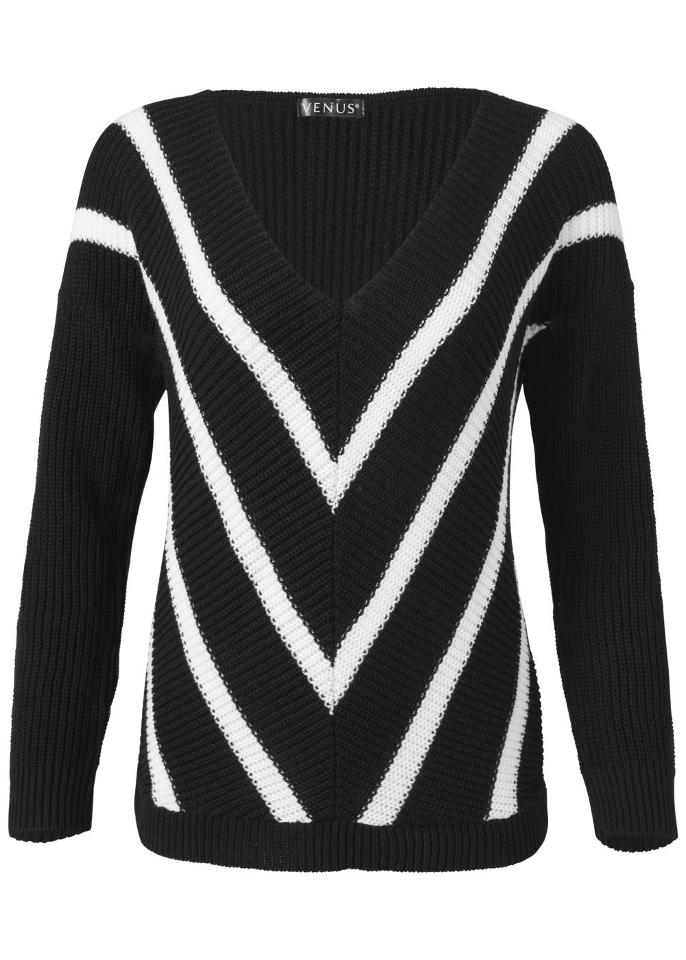 Venus VENUS | V-Neck Striped Sweater in Black & White