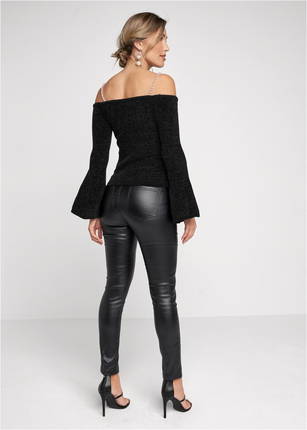 Venus VENUS | Off-The-Shoulder Pearl Strap Chenille Sweater in Black