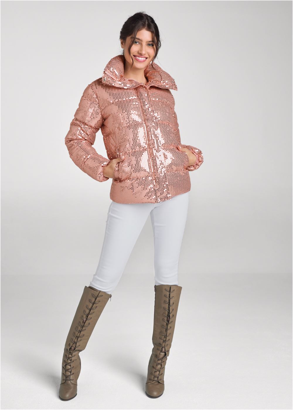 Venus Sequin Puffer Jacket in Rose Gold