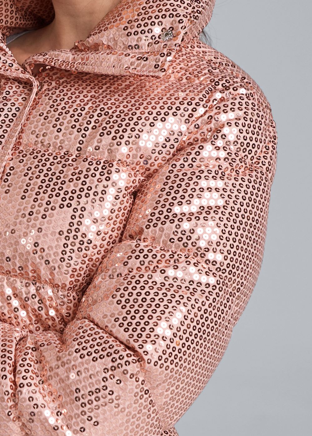 Venus Sequin Puffer Jacket in Rose Gold