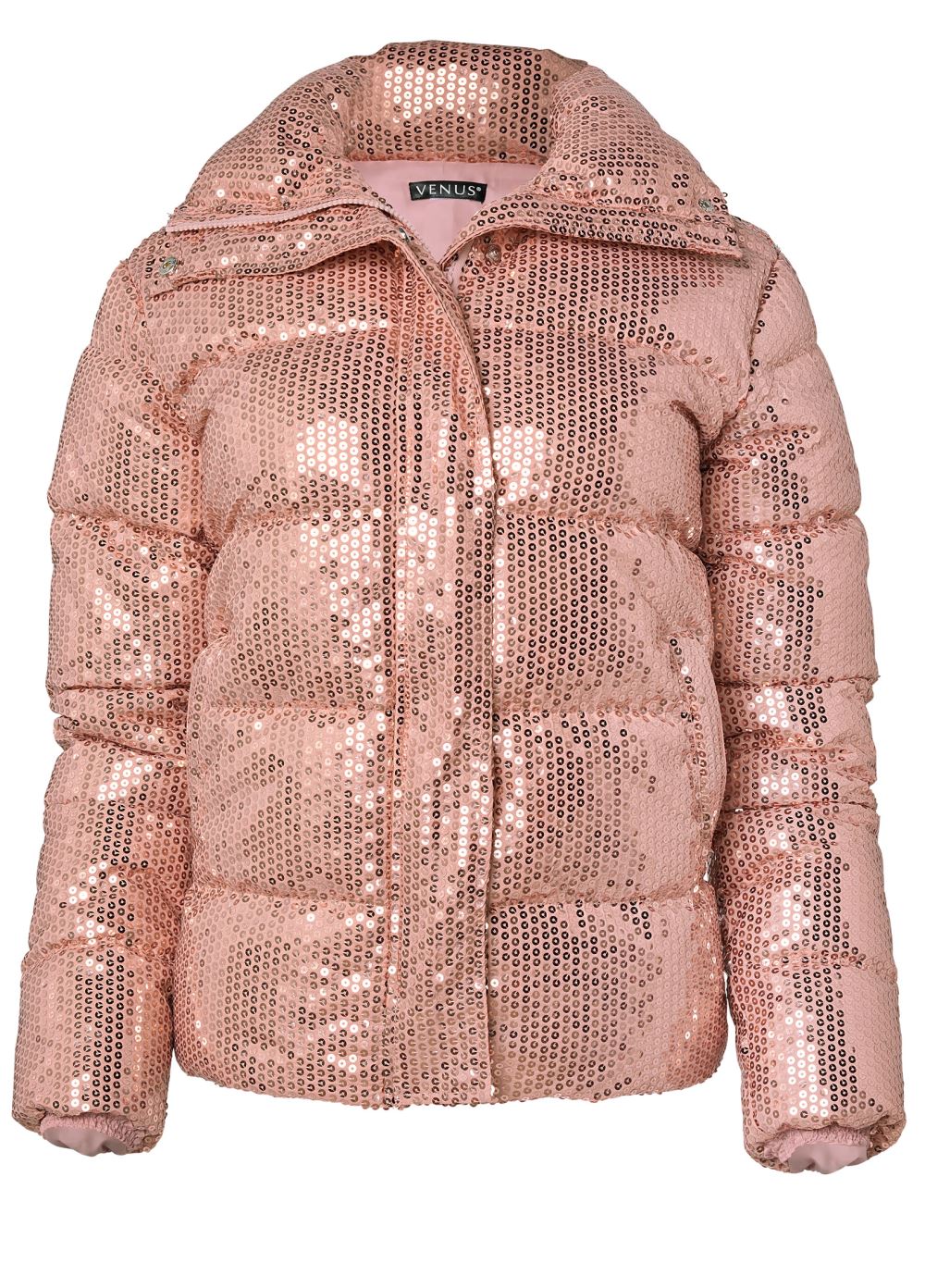 Venus Sequin Puffer Jacket in Rose Gold