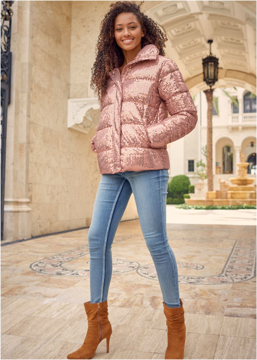 Venus Sequin Puffer Jacket in Rose Gold