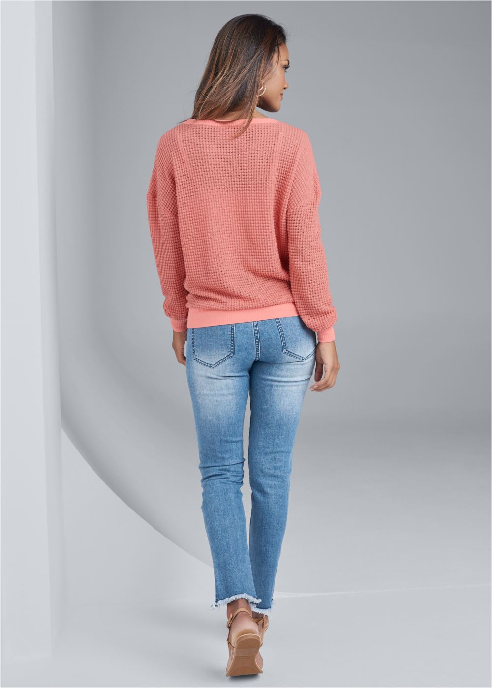 Venus Waffle Knit Surplice Lounge Top in Coral