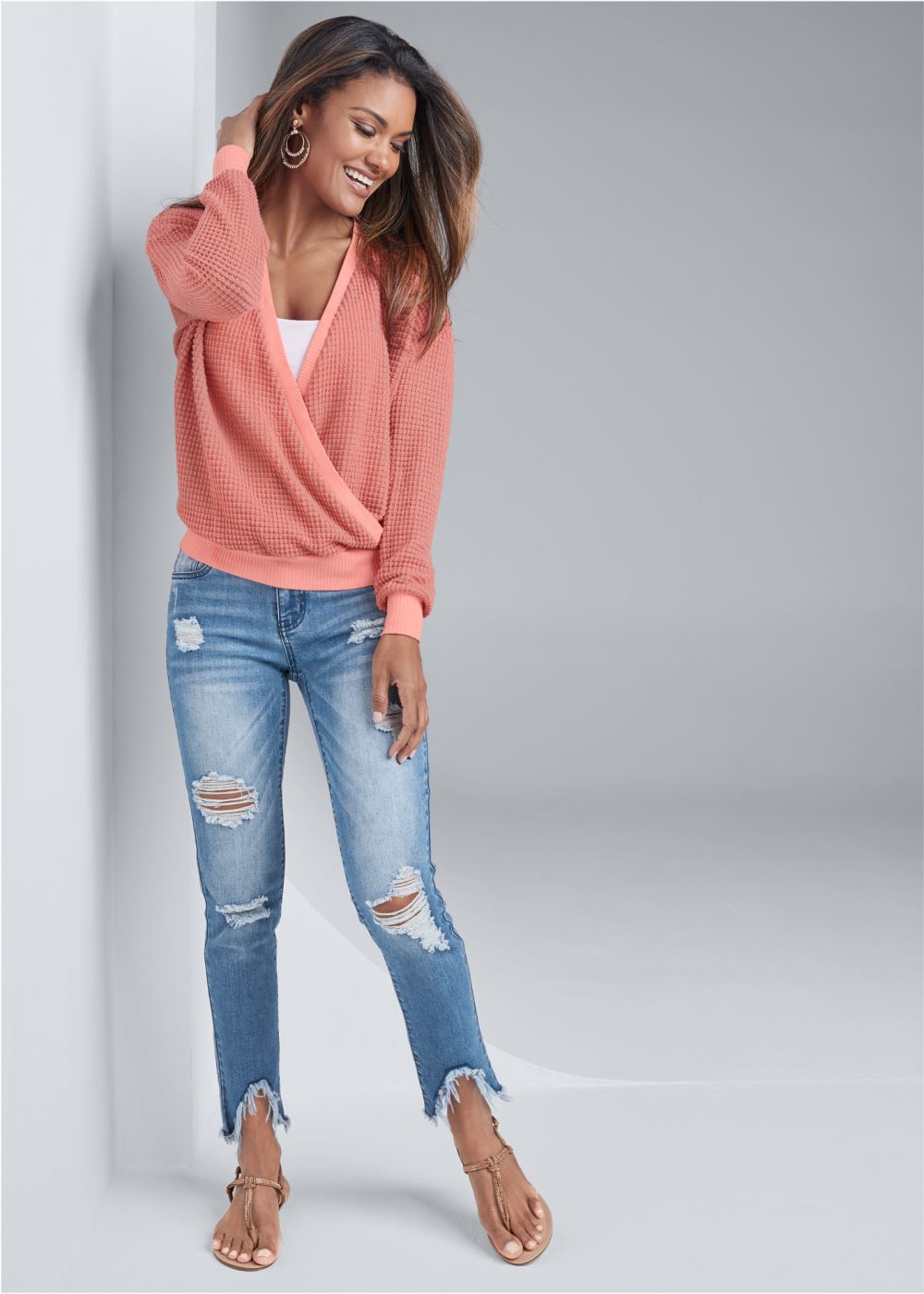 Venus Waffle Knit Surplice Lounge Top in Coral
