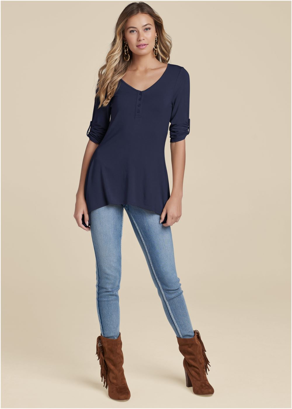 Venus Henley High-Low Top in Navy