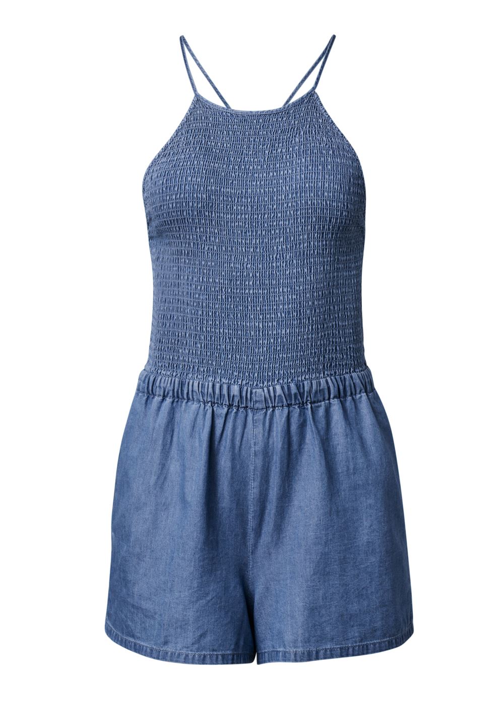 Venus Smocked Chambray Romper in Medium Wash