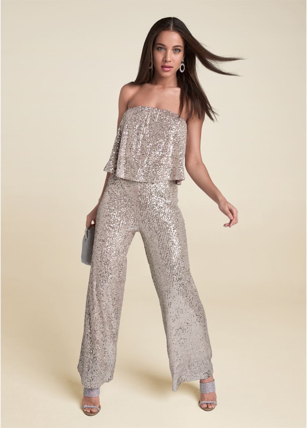 Venus Strapless Sequin Jumpsuit in Champagne
