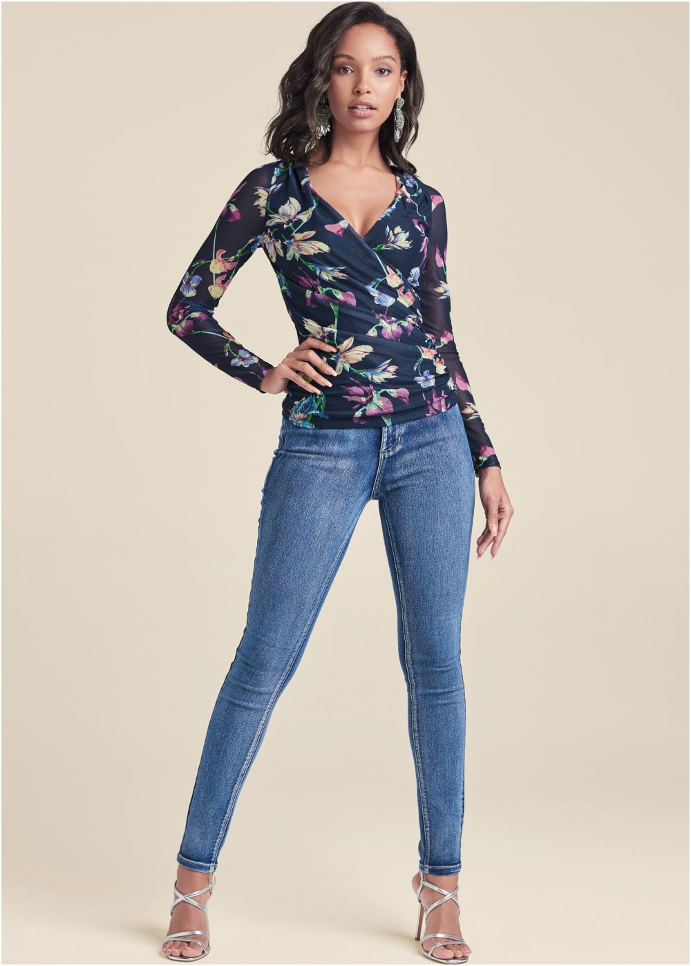 Venus Bahamian Floral Mesh Top in Navy Multi