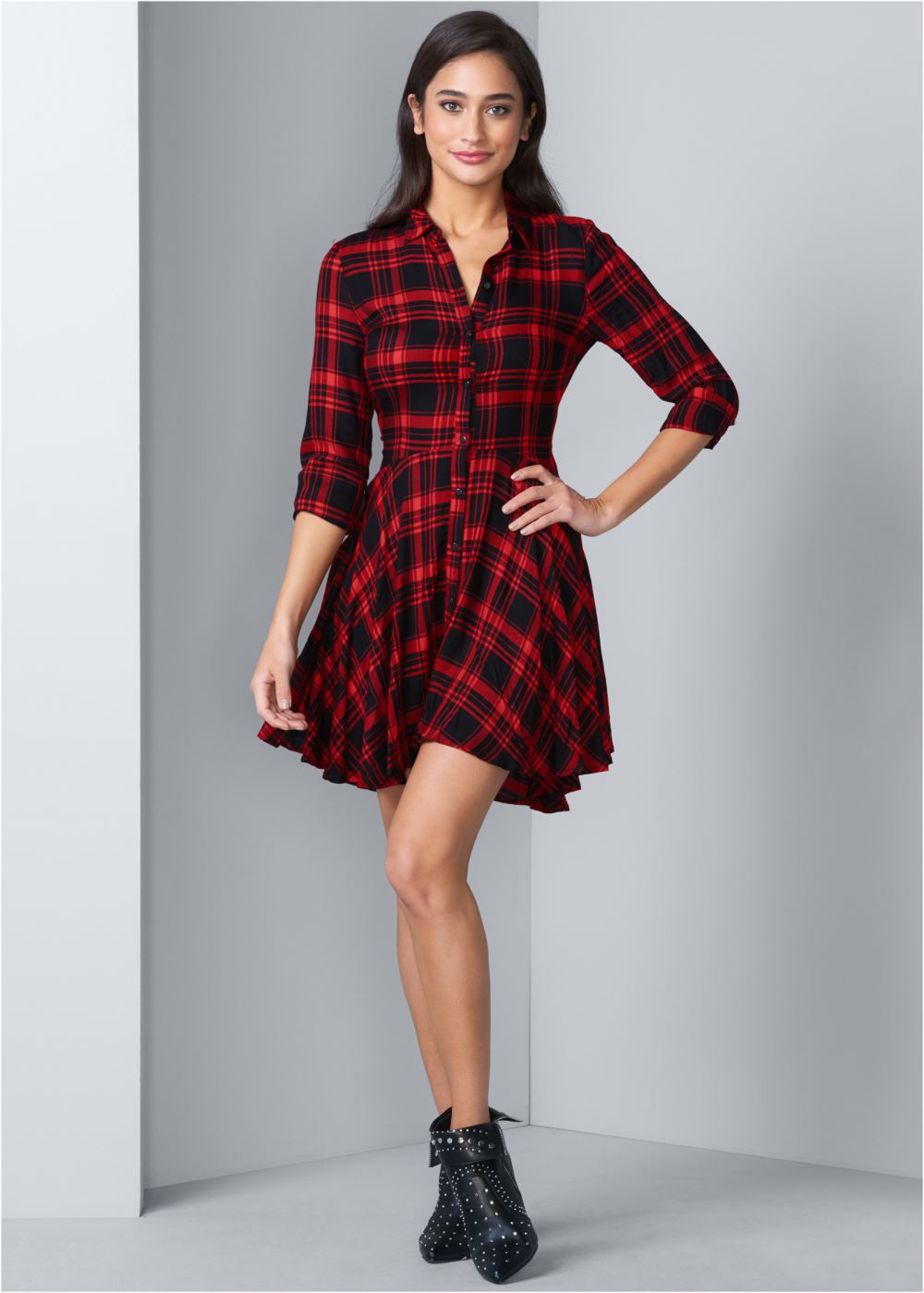 Venus Plaid High Low Dress - Red Multi