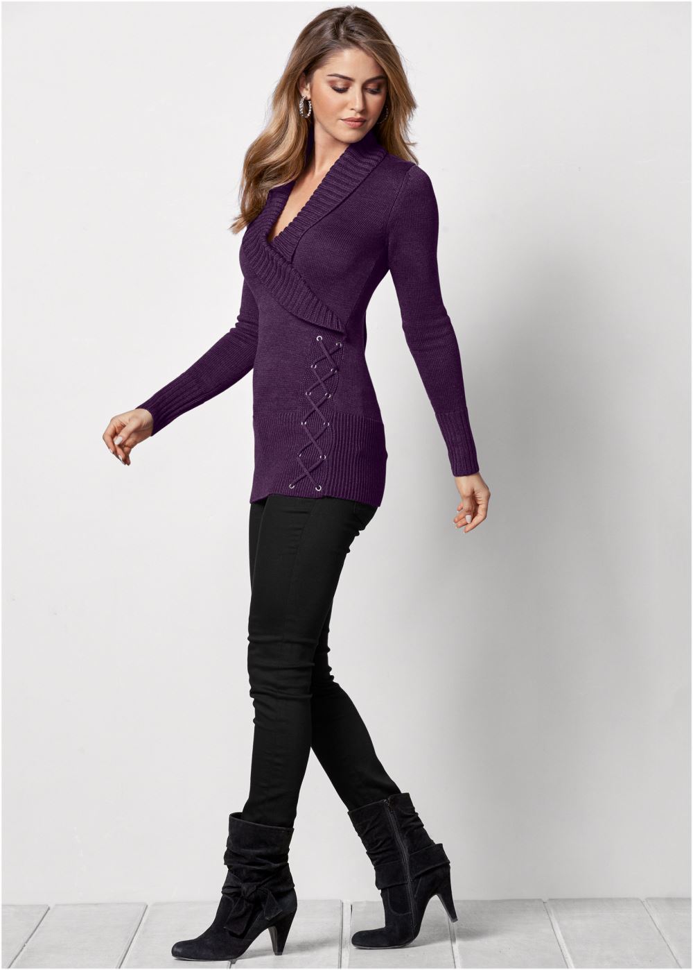 Venus VENUS | Side Lace-Up Sweater in Dark Purple