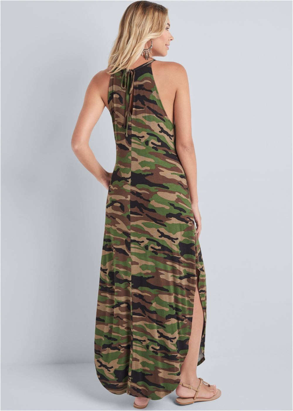 Venus Tie Neck Maxi Dress - Olive Multi