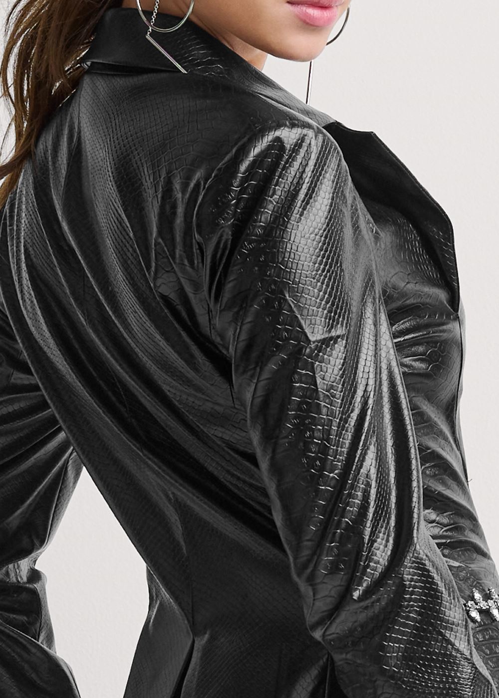 Venus Snake Embossed Faux Leather Embellished Blazer in Black