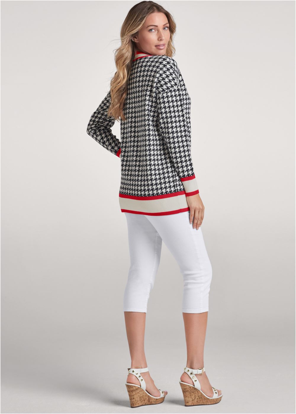 Venus VENUS | Houndstooth Print Cardigan With Color Block Stripes in Black & White