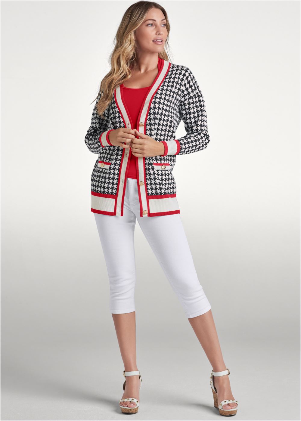 Venus VENUS | Houndstooth Print Cardigan With Color Block Stripes in Black & White