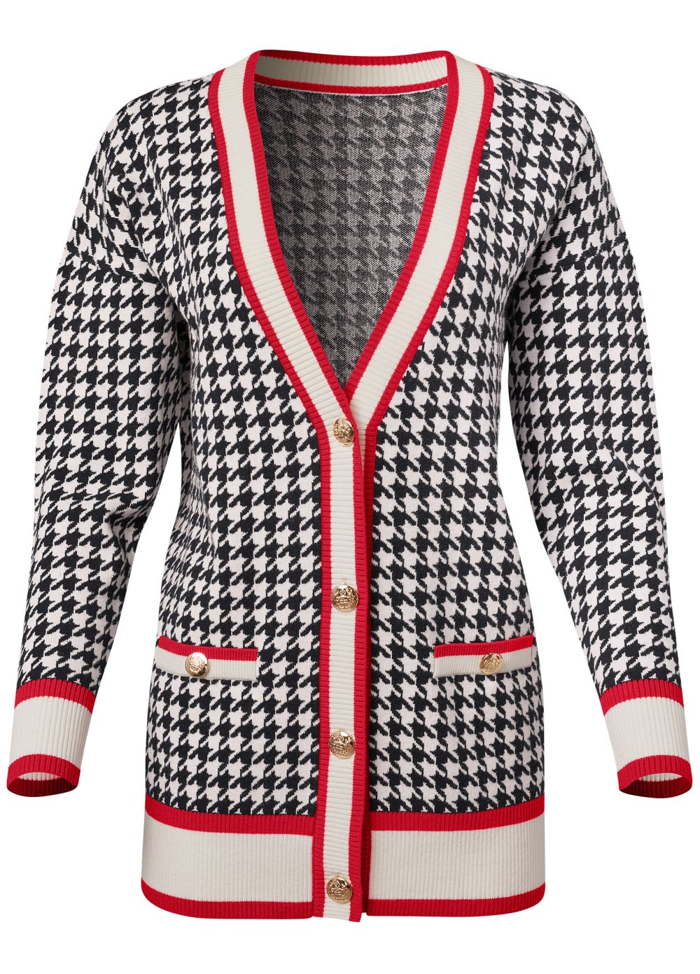 Venus VENUS | Houndstooth Print Cardigan With Color Block Stripes in Black & White