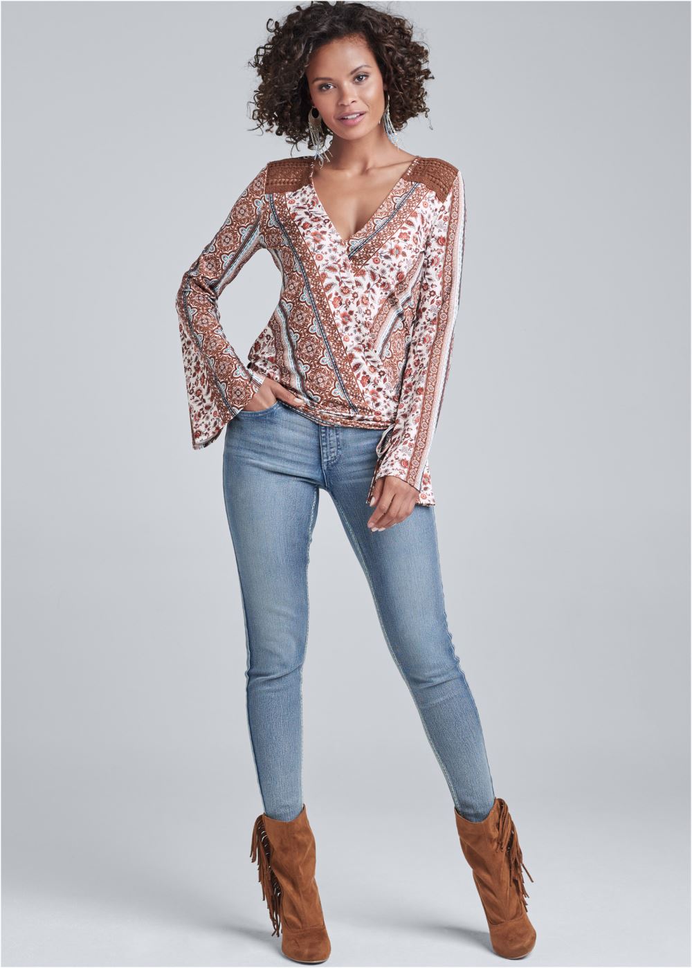 Venus Printed Wrap Top in Rust Multi
