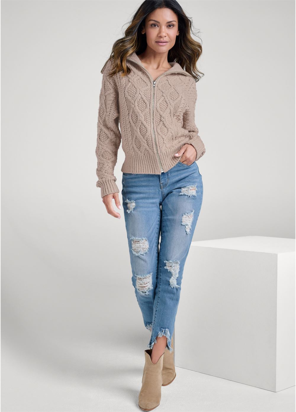 Venus VENUS | Knit Zip Sweater in Light Brown