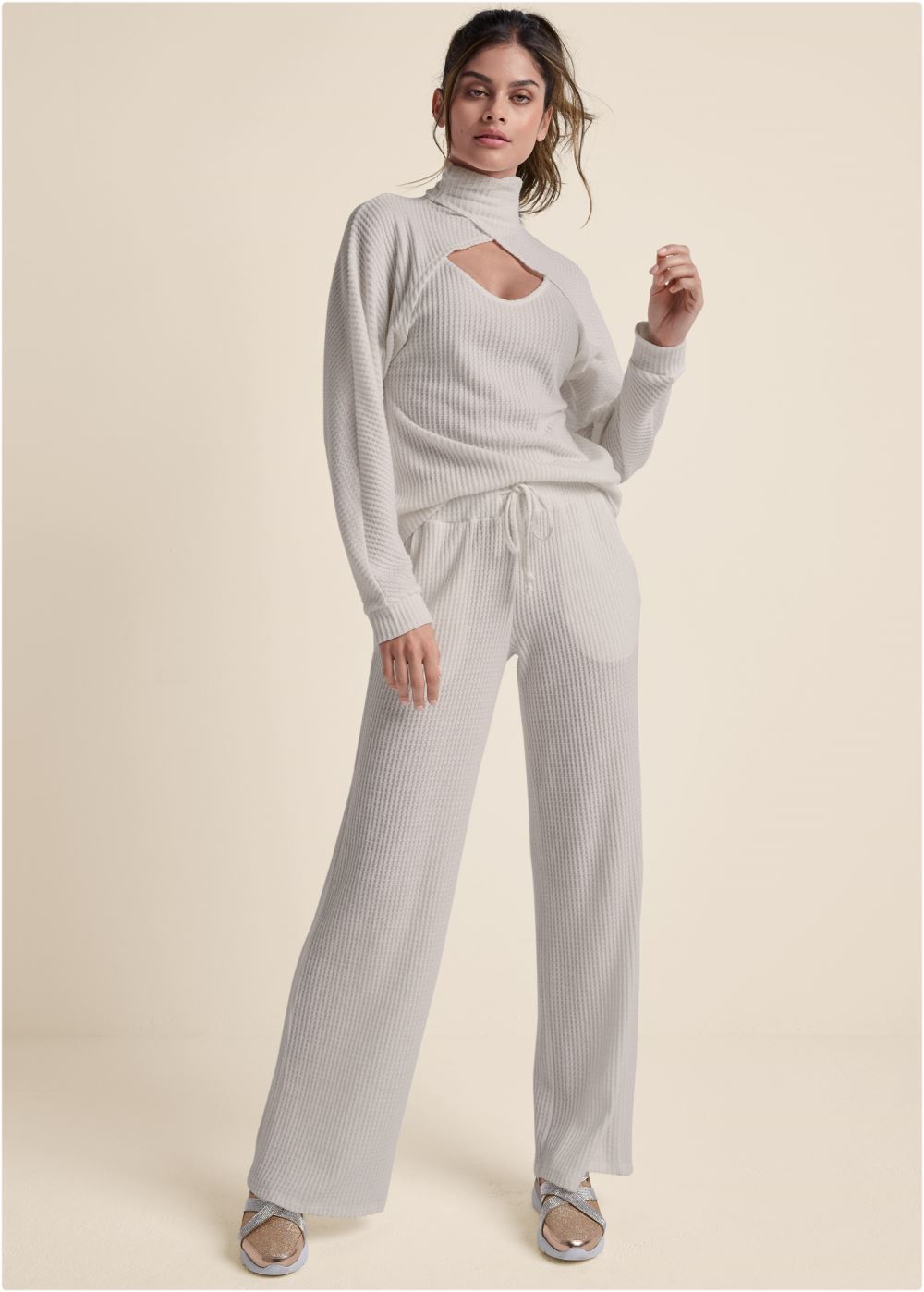 Venus Wrap Turtleneck Keyhole Top in Oatmeal