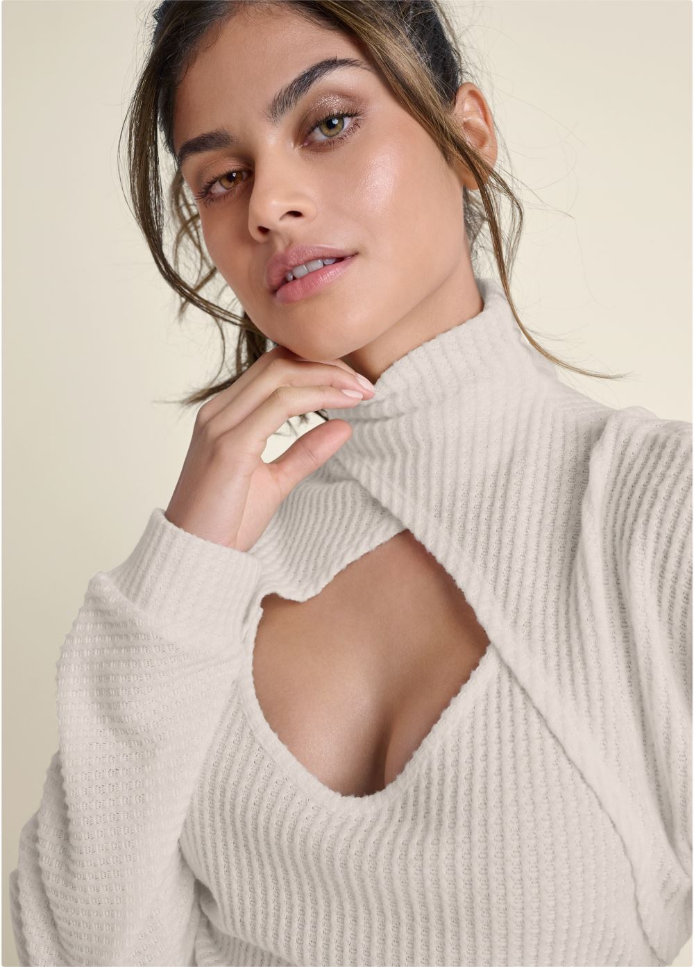Venus Wrap Turtleneck Keyhole Top in Oatmeal