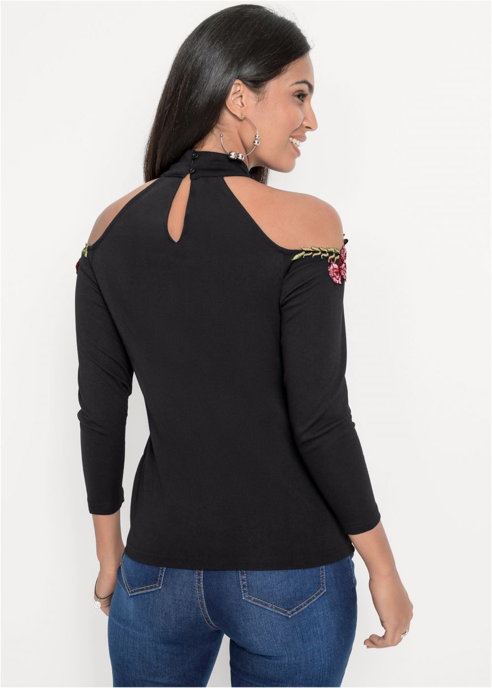 Venus Rose Applique Cold-Shoulder Top in Black