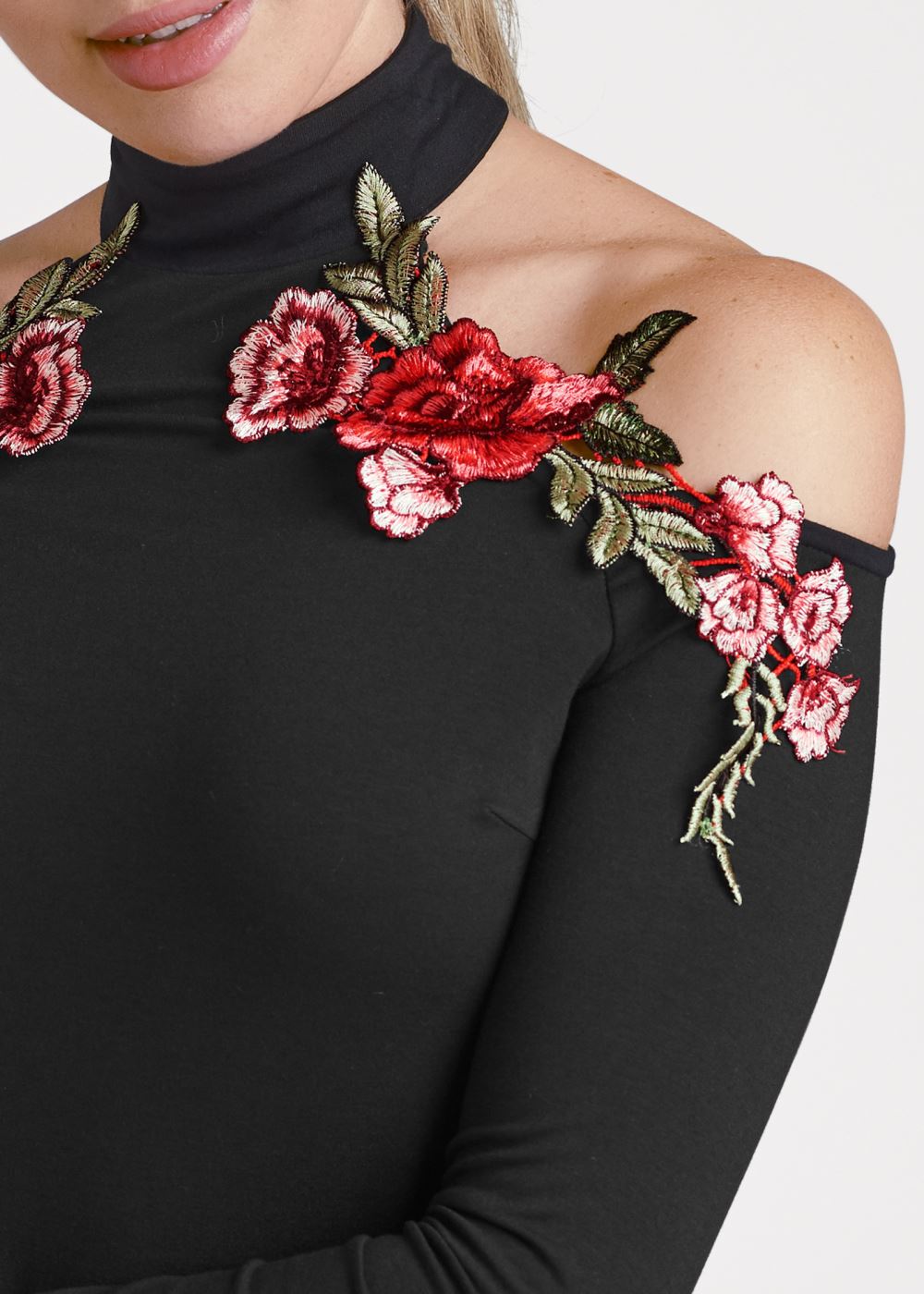 Venus Rose Applique Cold-Shoulder Top in Black