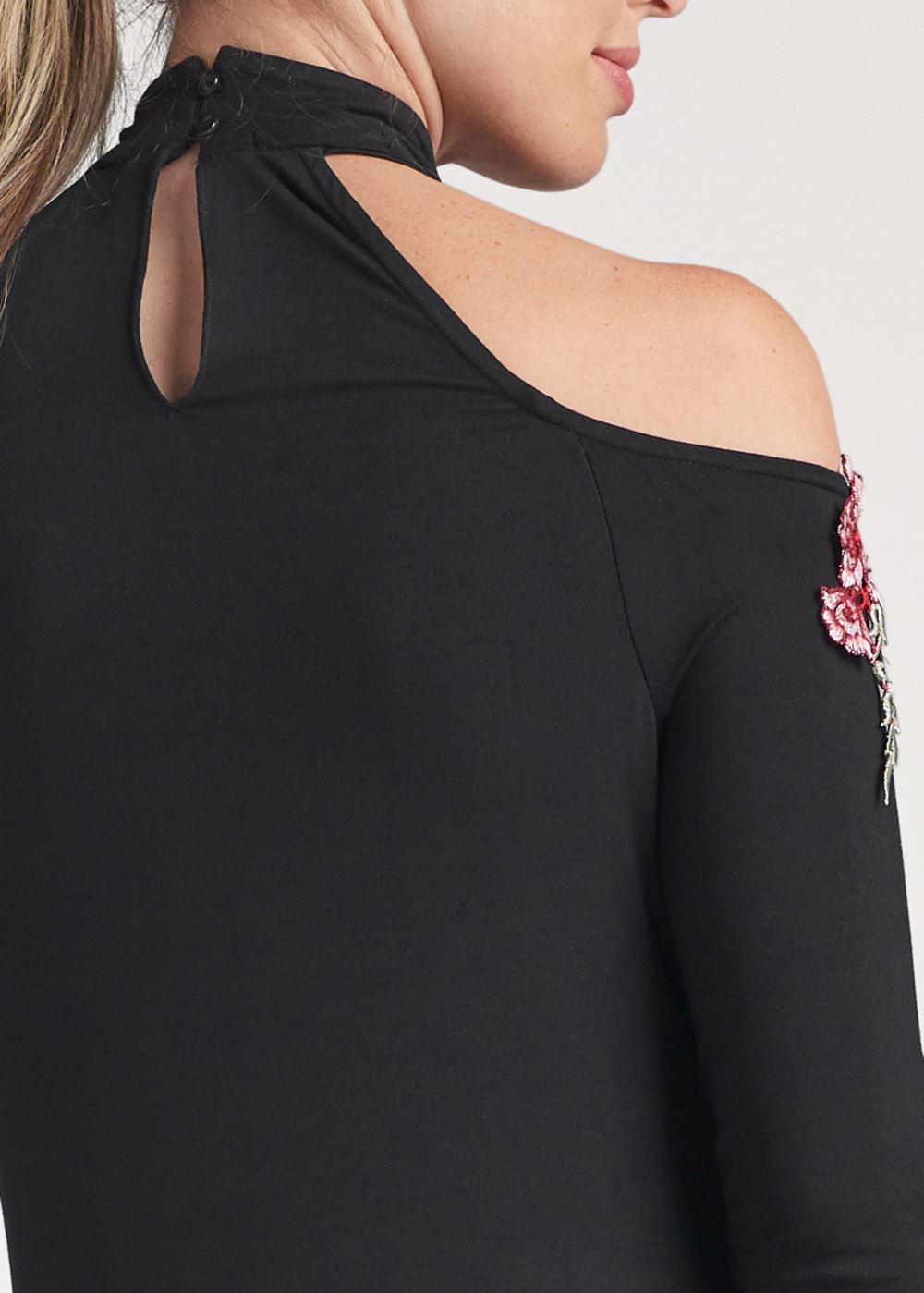 Venus Rose Applique Cold-Shoulder Top in Black