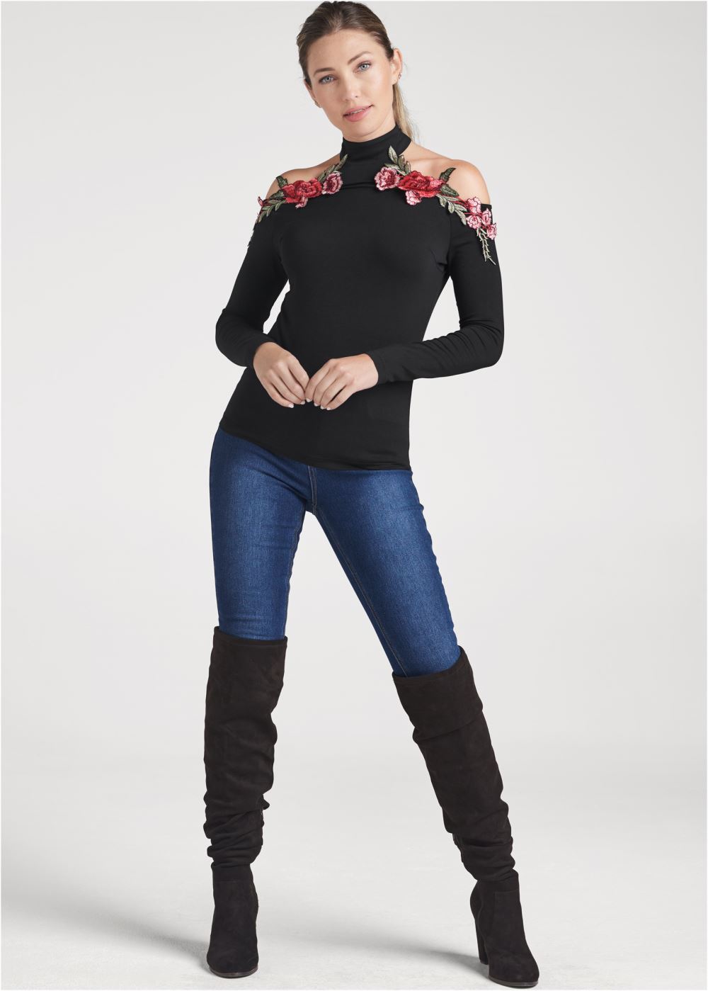 Venus Rose Applique Cold-Shoulder Top in Black