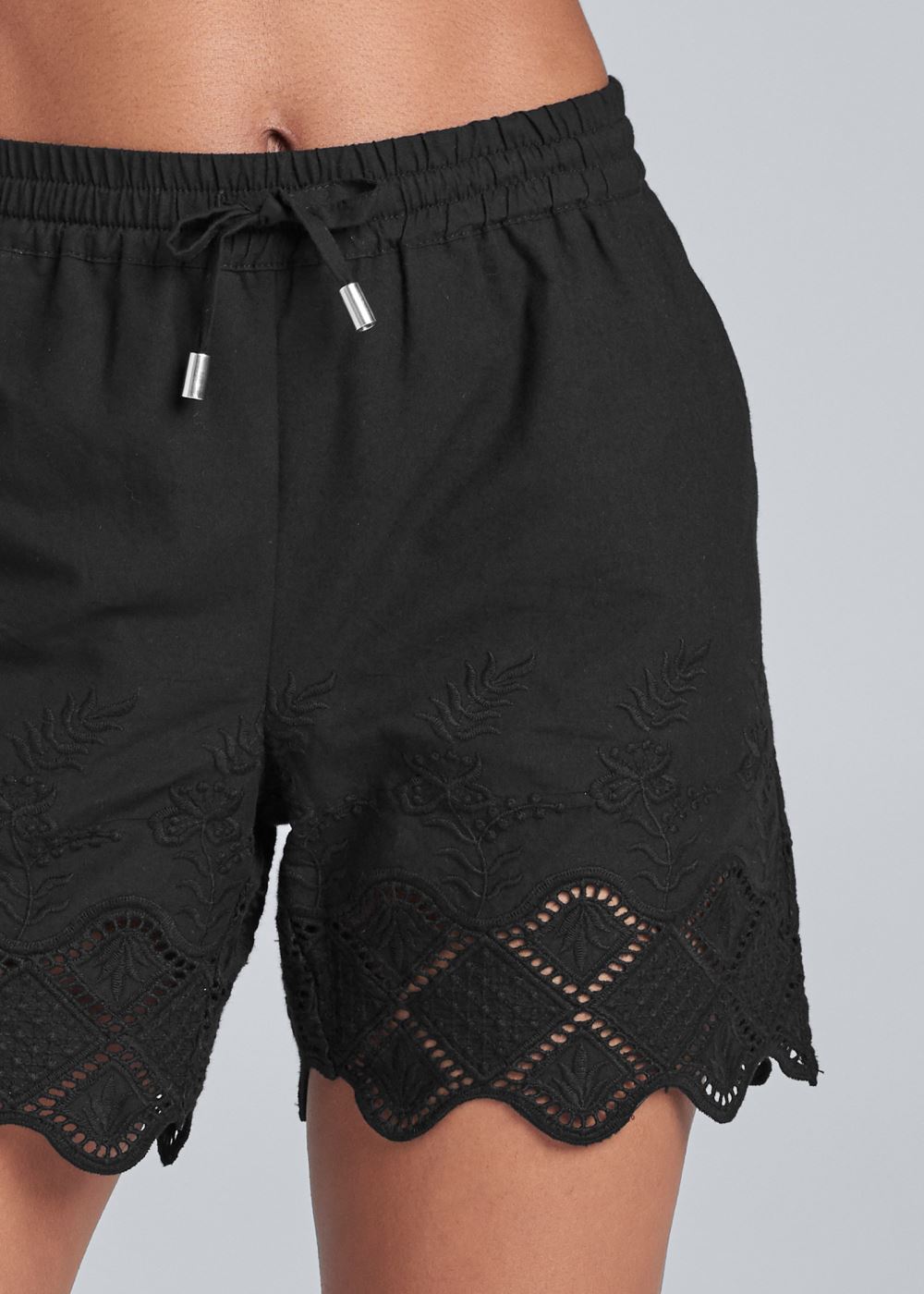 Venus Crochet Trim Linen Shorts - Black