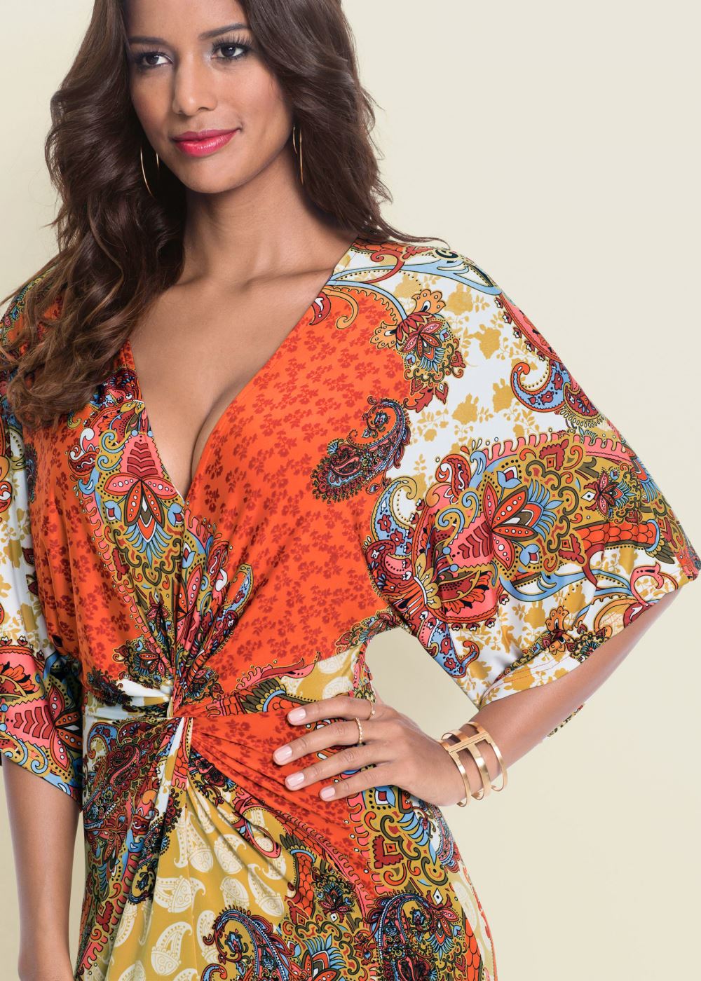 Venus Twist Front Maxi Dress - Orange Multi