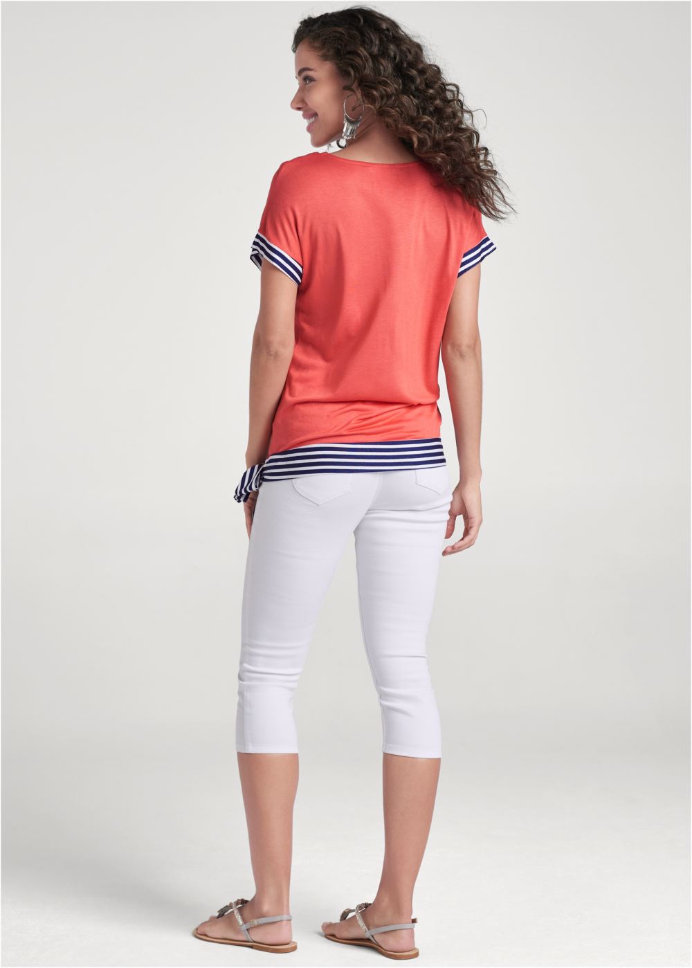 Venus Tie Detail Printed Top in Coral & Navy Blue