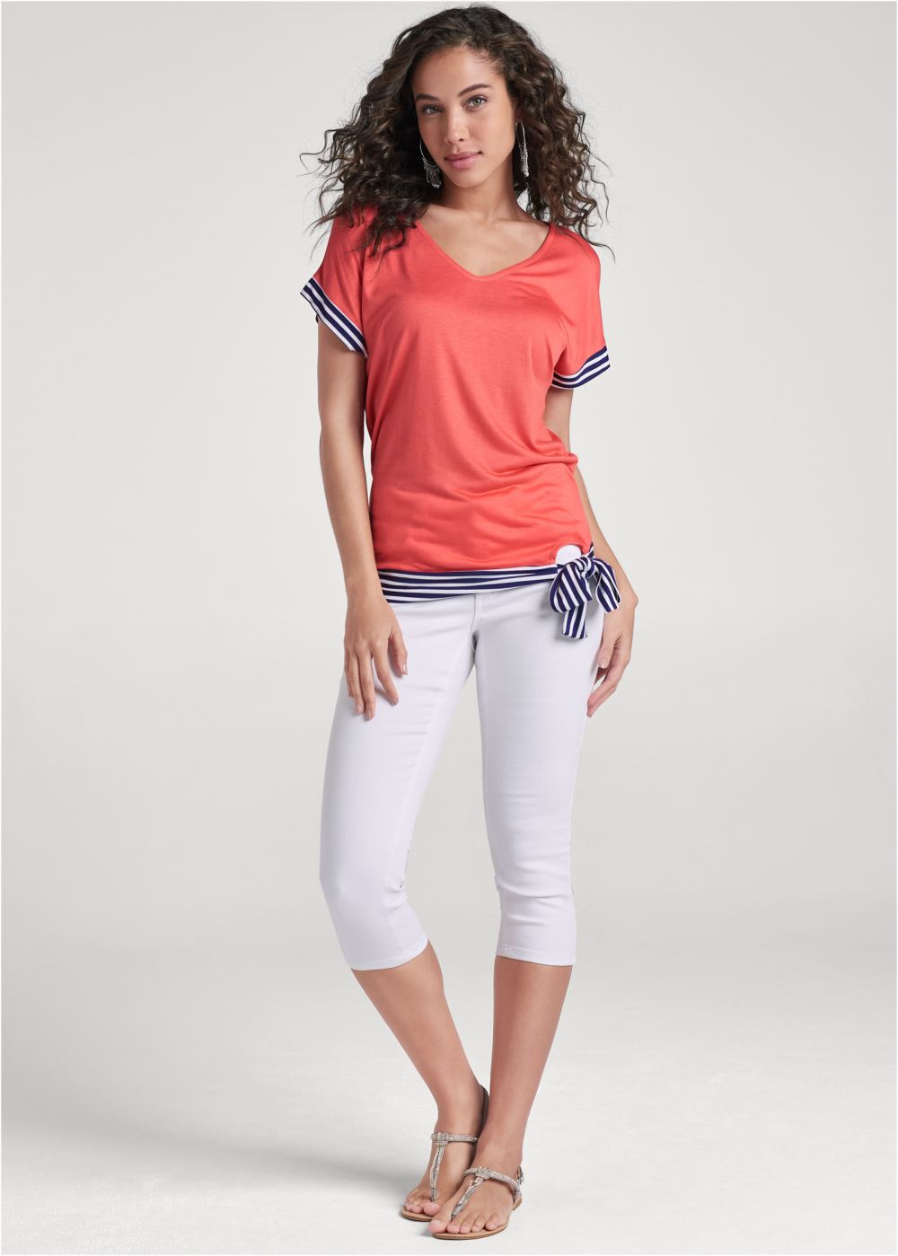 Venus Tie Detail Printed Top in Coral & Navy Blue