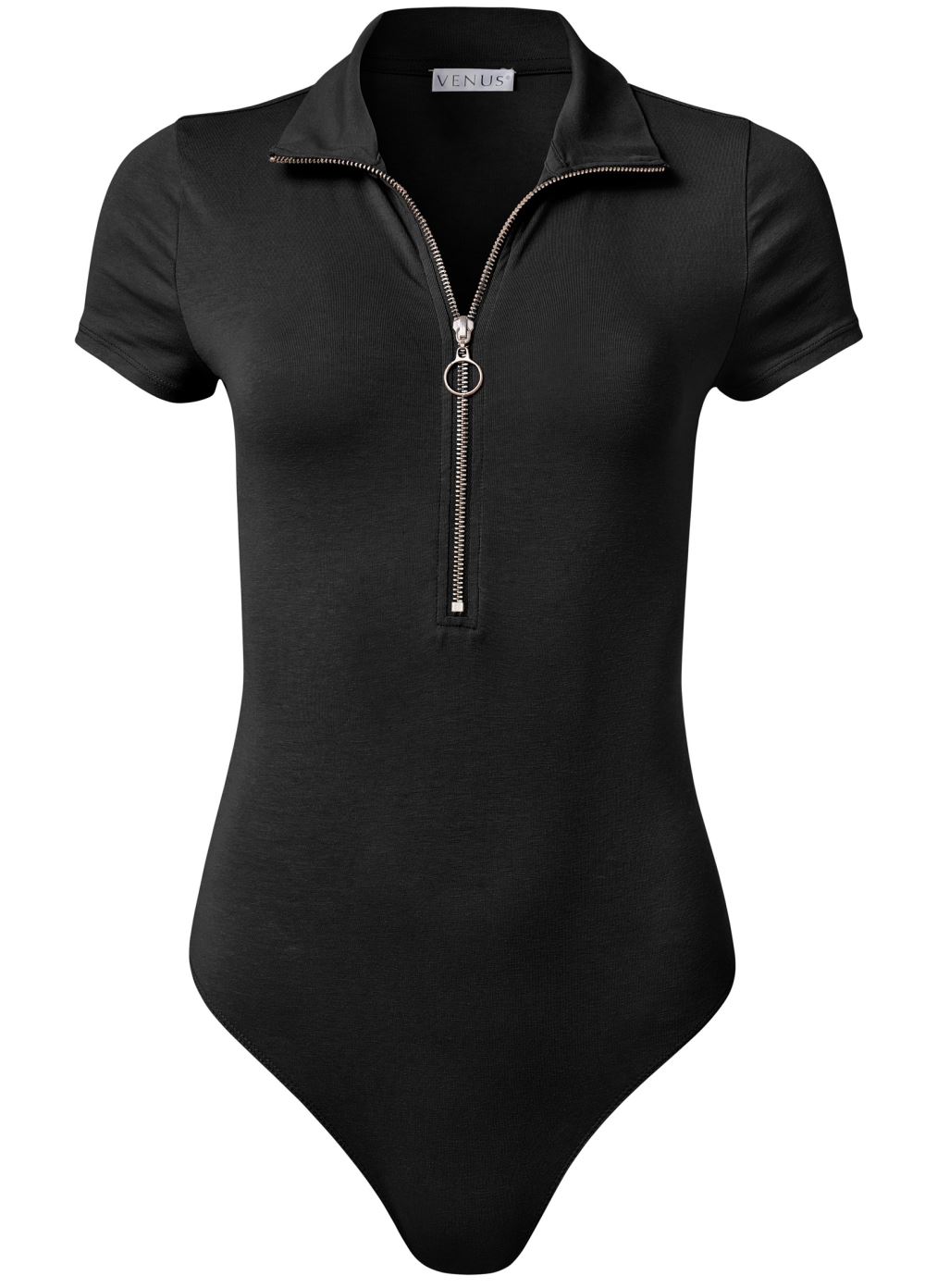 Venus Zipper Ring Pull Bodysuit in Black