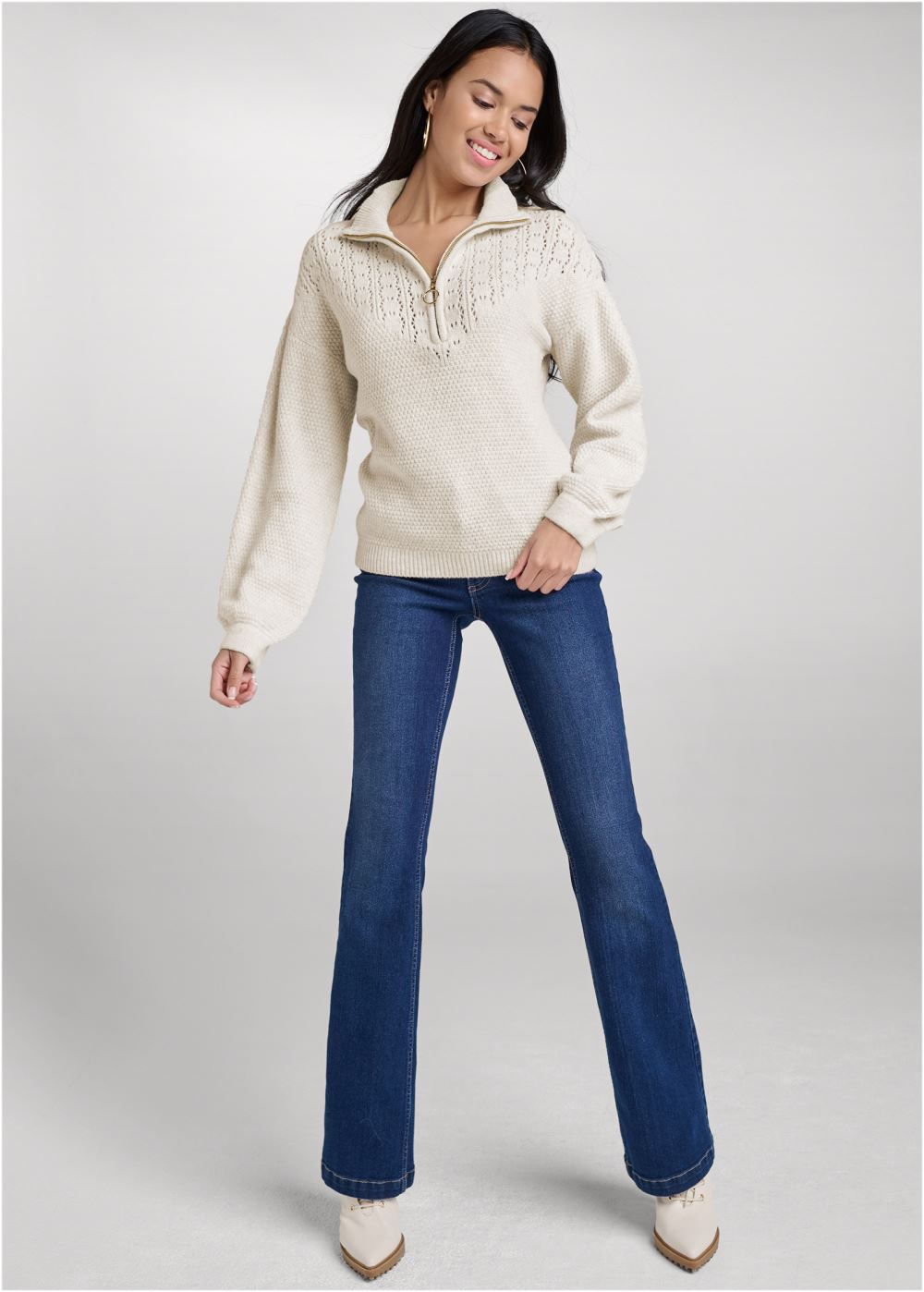 Venus VENUS | Lace Detail Quarter Zip Sweater in Sand