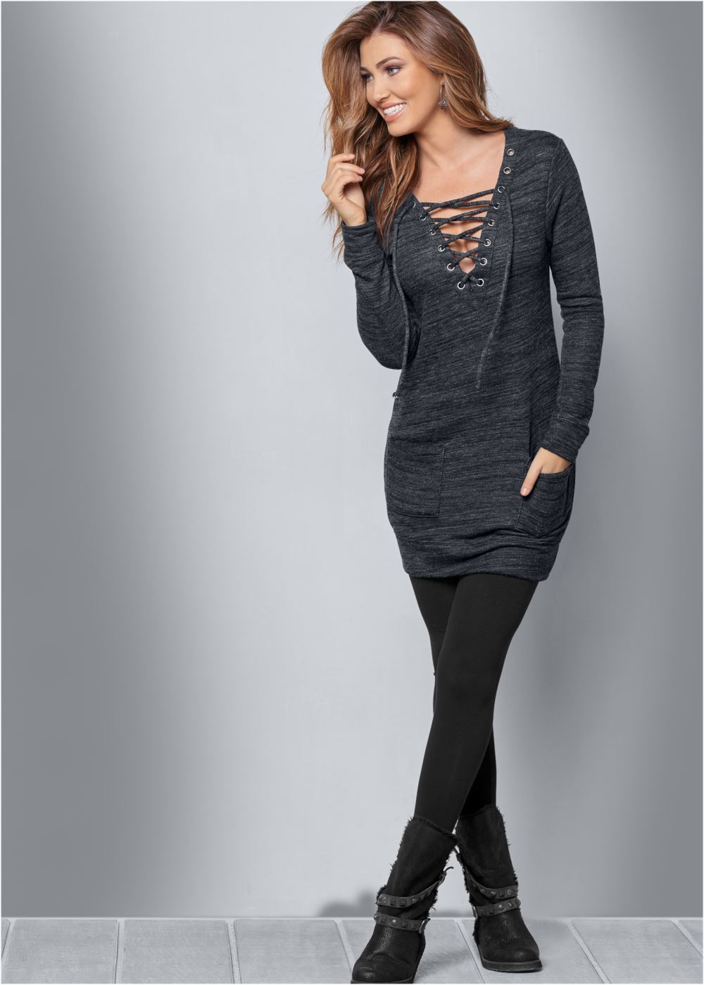 Venus Lace-Up French Terry Dress in Charcoal Grey