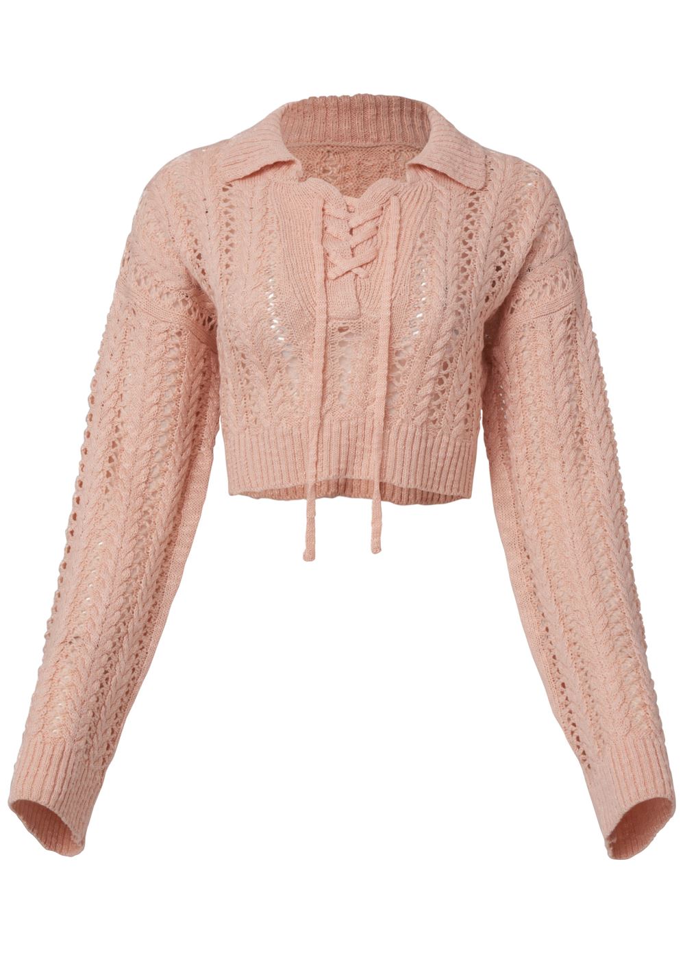 Venus VENUS | Cropped Pointelle Sweater in Peach