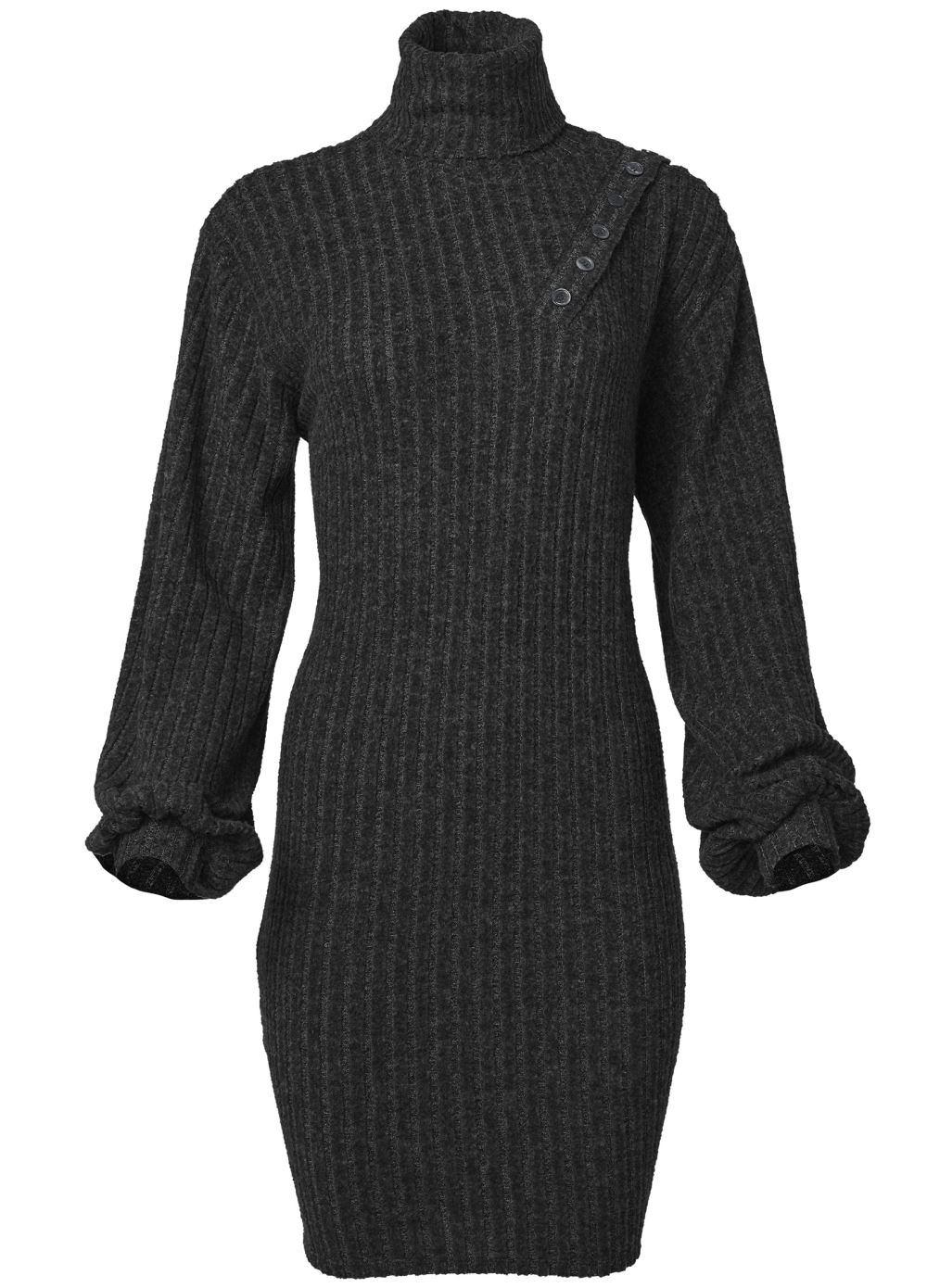 Venus Ribbed Hacci Button Dress - Black